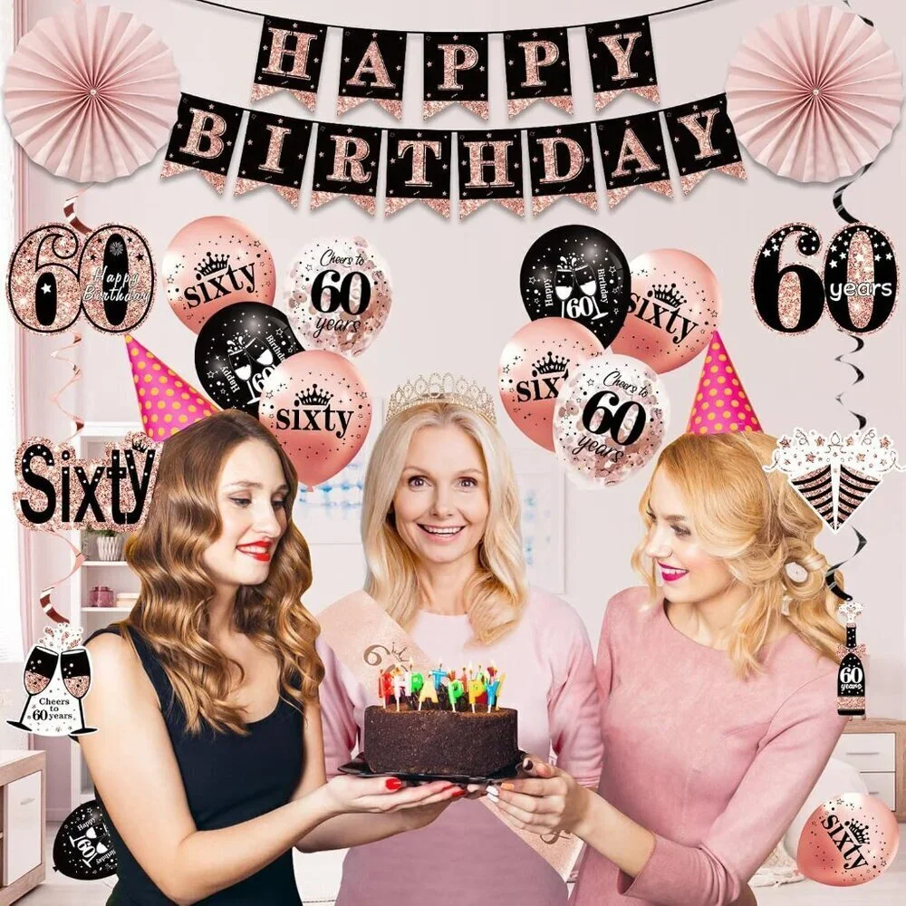 60th Birthday Party Decorations for Women Black/Rose Gold - BRAND NEW